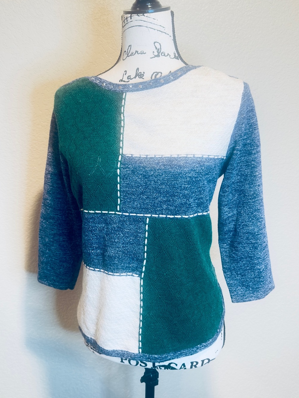 Vintage Alfred Dunner Green, Blue & White Patchwork Crewneck Sweater Medium